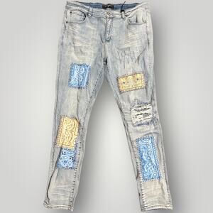 Serenede Jeans Men 40 Blue Bandana Patchwork Distressed Skinny Denim Pants NWT